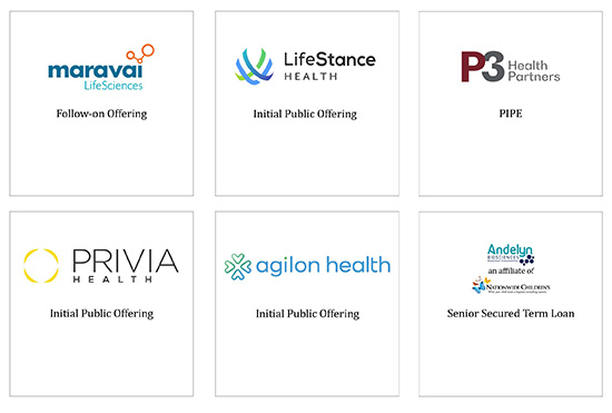 Tombstones for these transactions: LifeStance Health, P3 Health Partners, Privia Health, Agilon Health, Andelyn Ecosciences, and Alignment Healthcare
