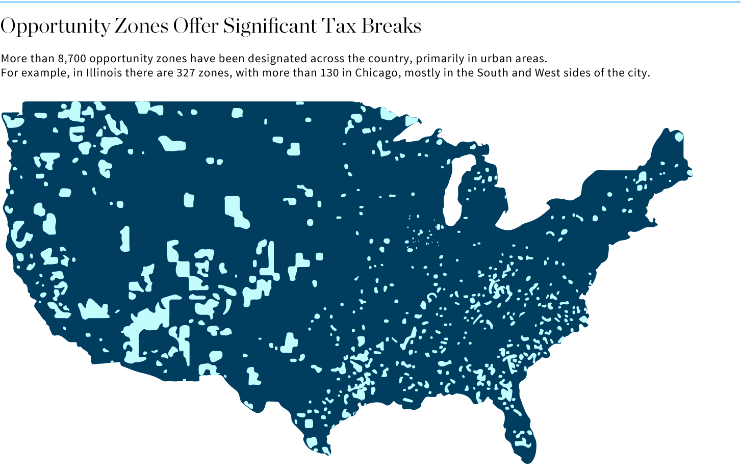 Opportunity Zones Offer Significant Tax Breaks | More than 8,700 opportunity zones have been designated across the country, primarily in urban areas. For example, in Illinois there are 327 zones, with more than 130 in Chicago, mostly in the South and West sides of the city.