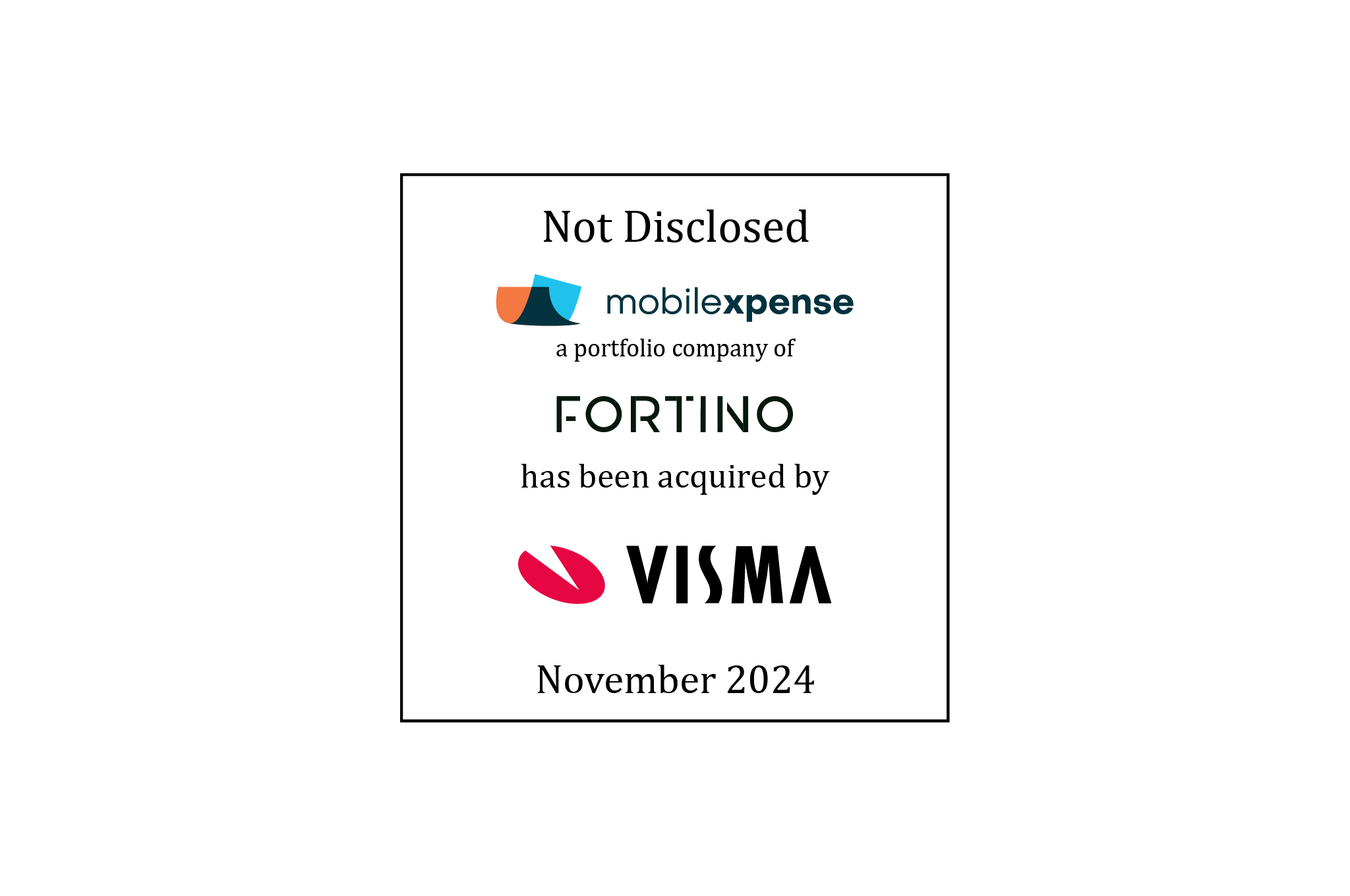 Tombstone: Not disclosed | mobilexpense (logo), a portfolio company of Fortino (logo), has been acquired by Visma (logo) | November 2024