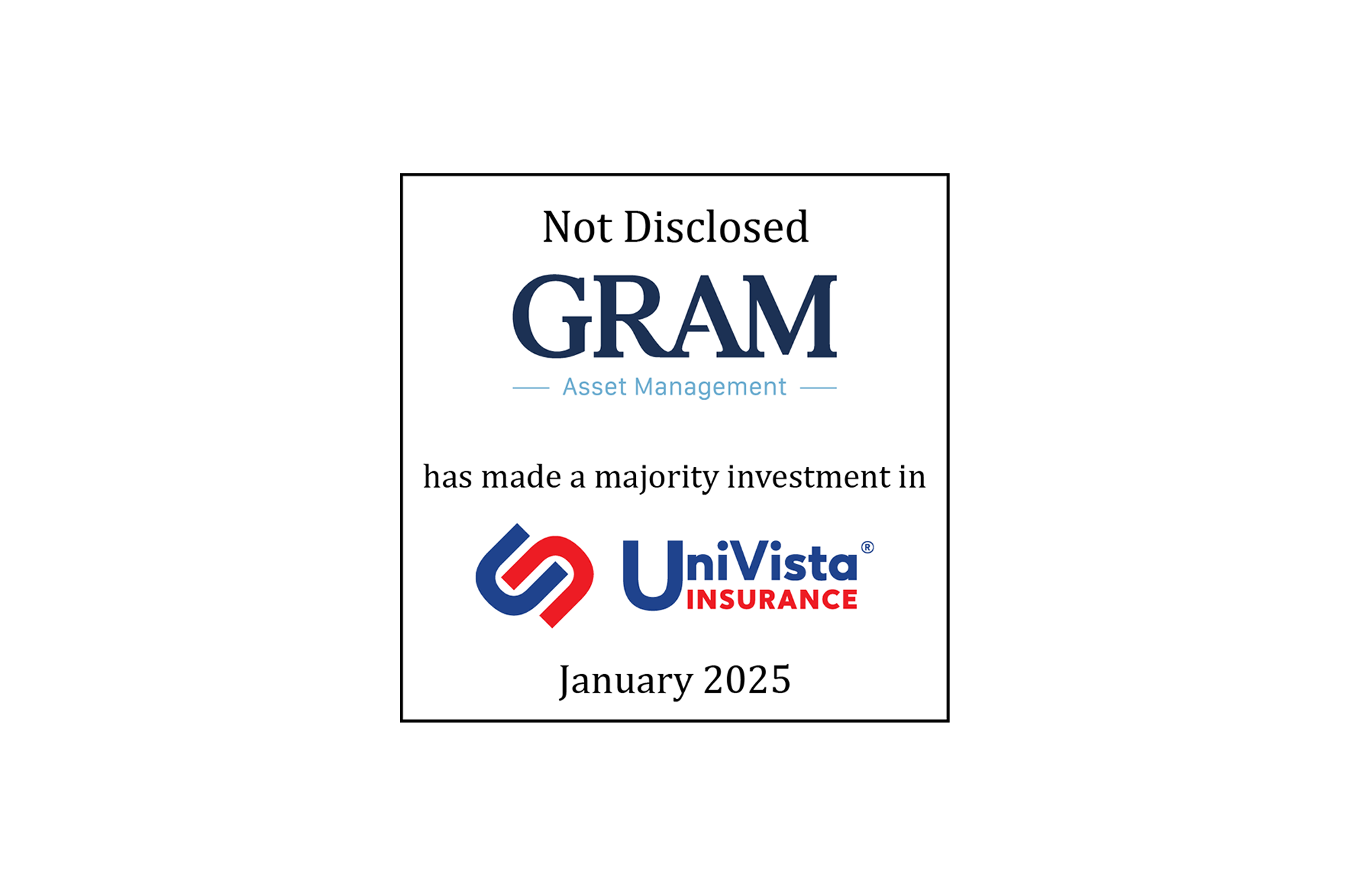 Tombstone: Not Disclosed | Gram Asset Management (logo) has made a majority investment in UniVista Insurance (logo) | January 2025