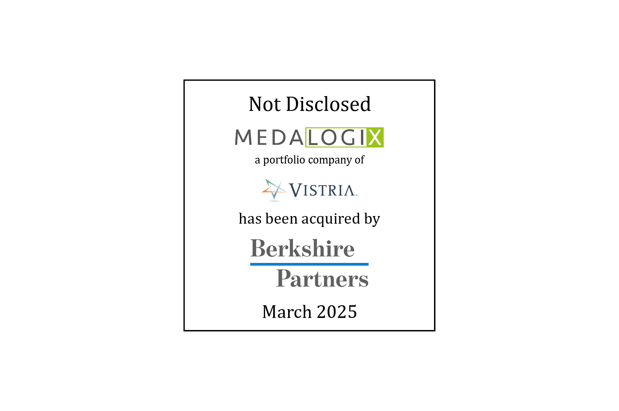 Tombstone: Not Disclosed | Medalogix (logo), a portfolio company of Vistria (logo), has been acquired by Bershire Partners (logo) | March 2025