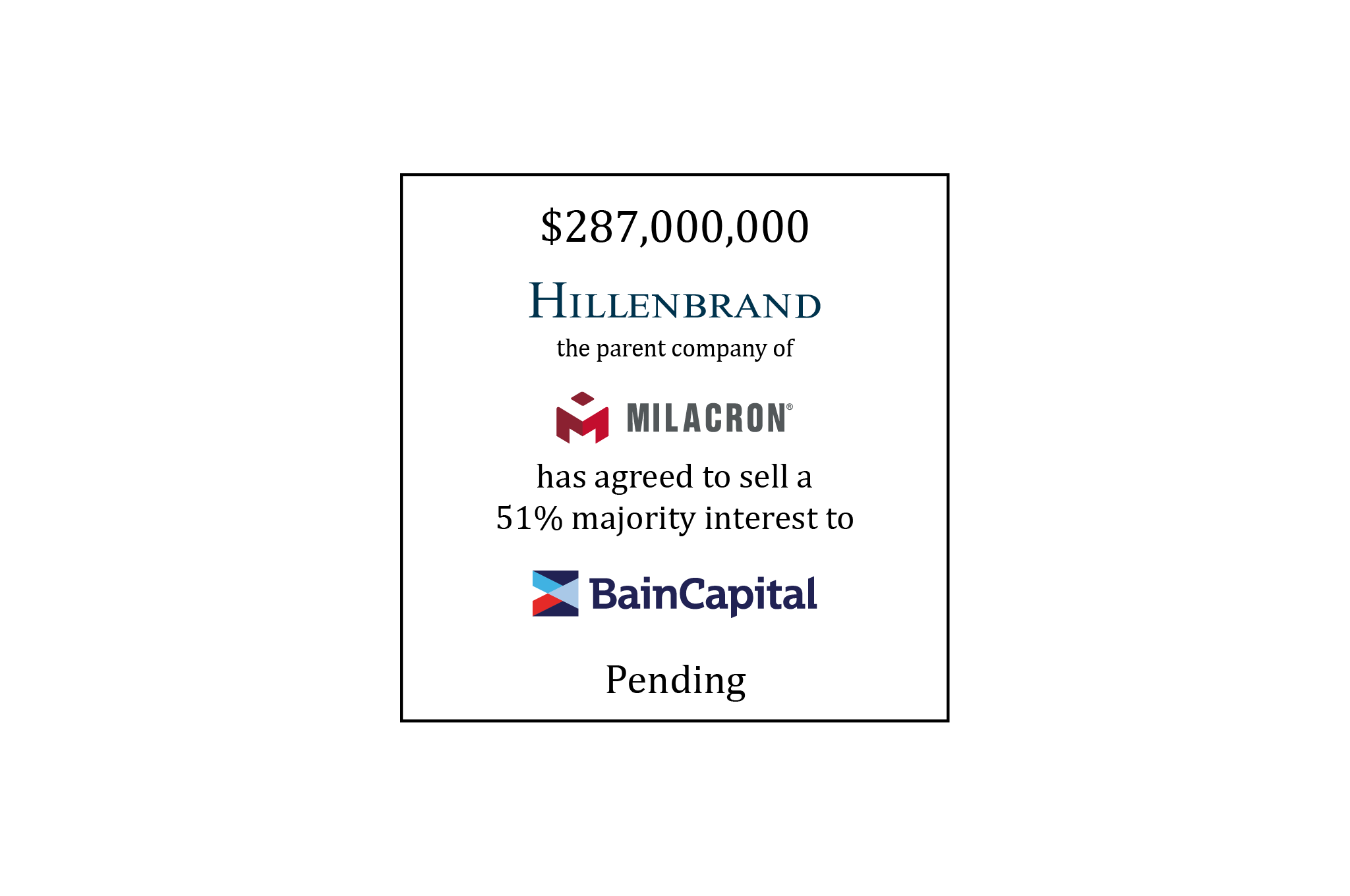 Tombstone: Not Disclosed | Milacron (logo), a subsidiary of Hillenbrand (logo), has agreed to receive a majority investment from Bain Capital (logo) | Pending