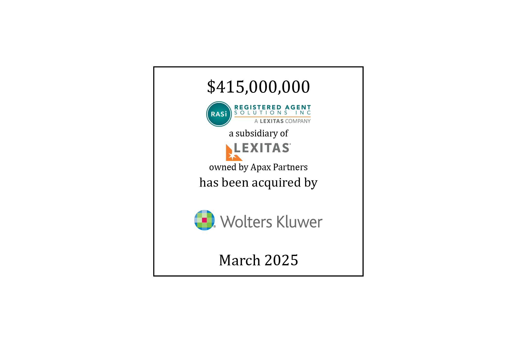 Tombstone: $415,000,000 | Registered Agent Solutions Inc (logo), a subsidiary of Lexitas (logo), owned by Apax Partners, has been acquired by Wolters Kluwer | March 2025