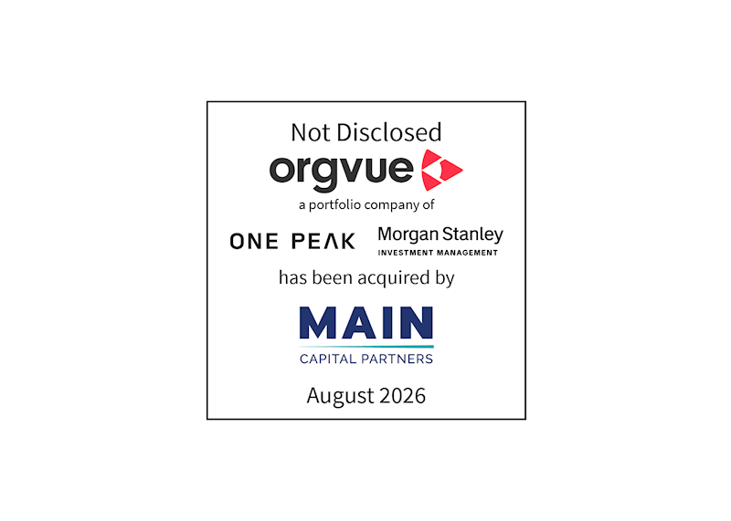 Not Disclosed | Orgvue (logo), a portfolio company of One Peak Partners (logo) and Morgan Stanley Investment Management (logo), has been acquired by Main Capital Partners (logo) | August 2026